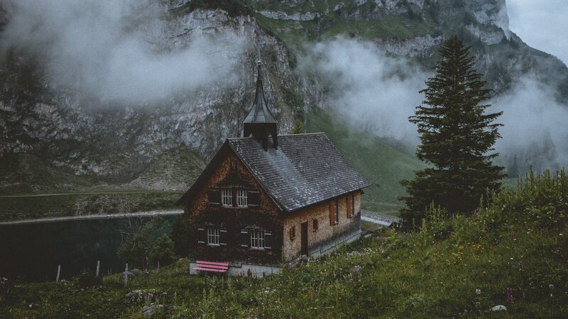 Small Chapel in Mountains — Green, Serene