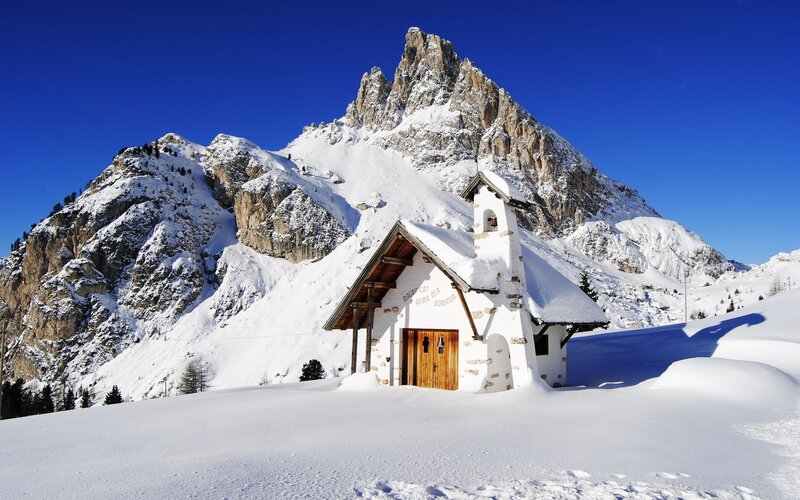 Small Chapel in Snow — White, Serene, Winter, Photograph, Mountain, Blue Sky