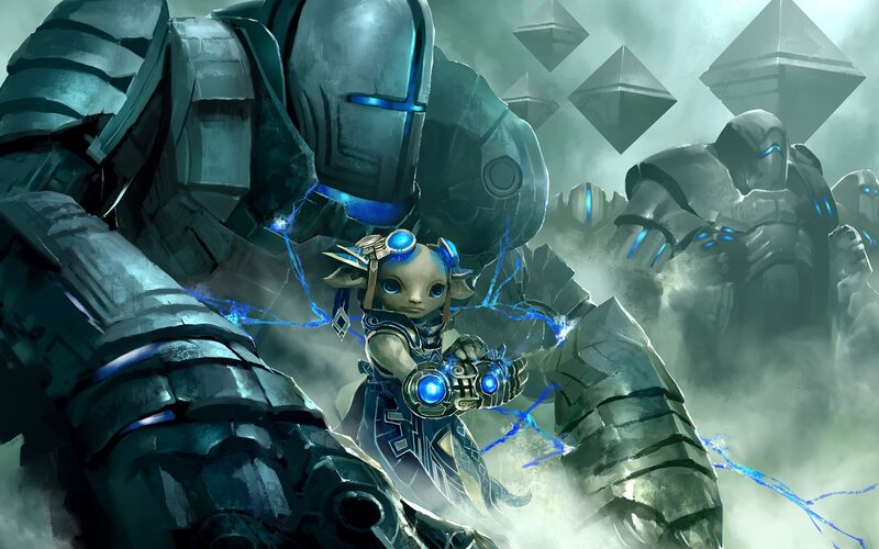 Small Character with Robots — Blue, Dramatic