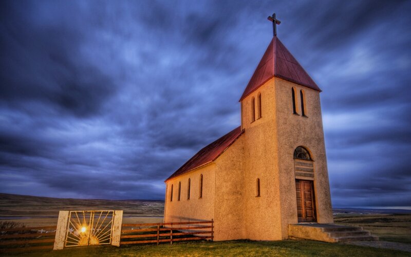 Small Church at Dusk — Blue, Dramatic