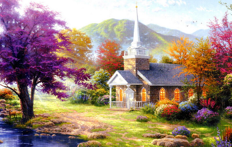 Small Church in Autumn — Green, Serene, Painting, Mountains