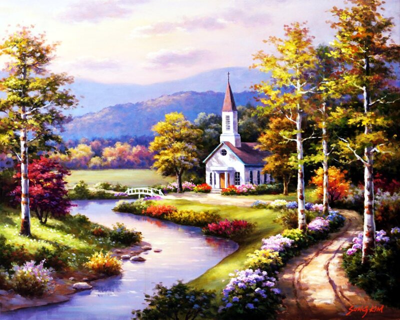 Small Church in Autumn — Green, Serene, Painting, River