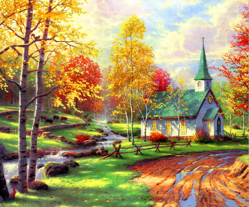 Small Church in Autumn — Green, Serene, Painting, Stream