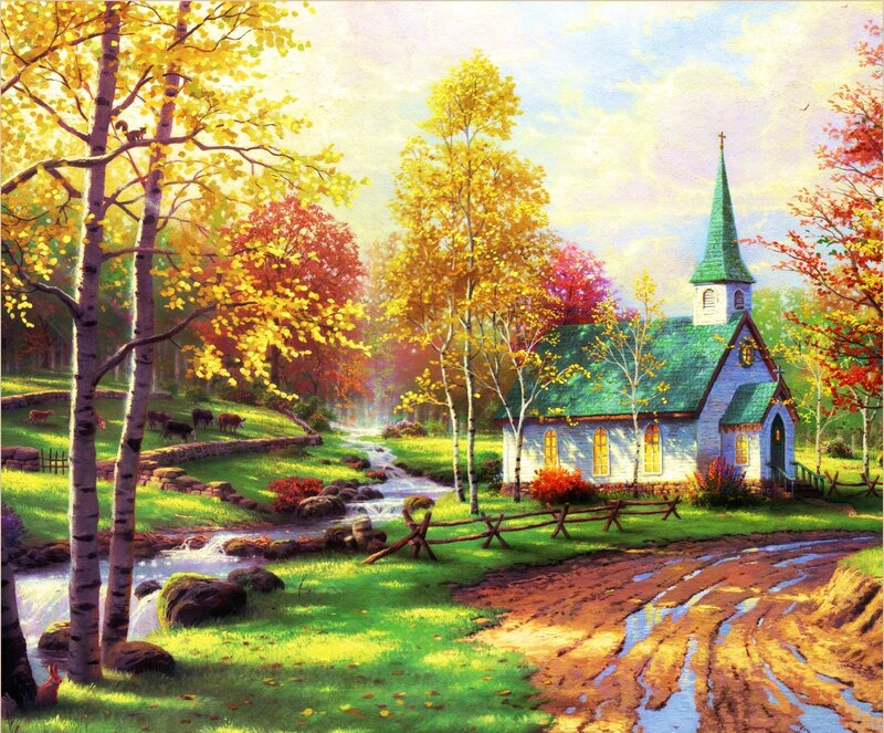 Small Church in Autumn — Green, Serene, Painting, Stream, Trees