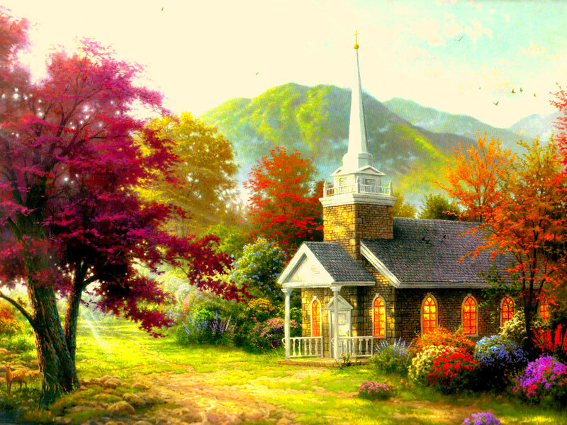 Small Church in Autumn — Green, Serene, Painting