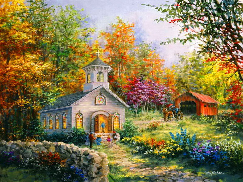 Small Church in Autumn — Green, Serene, Painting, Trees