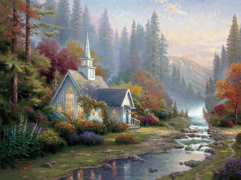 Small Church in Forest — Green, Serene, Autumn, Painting