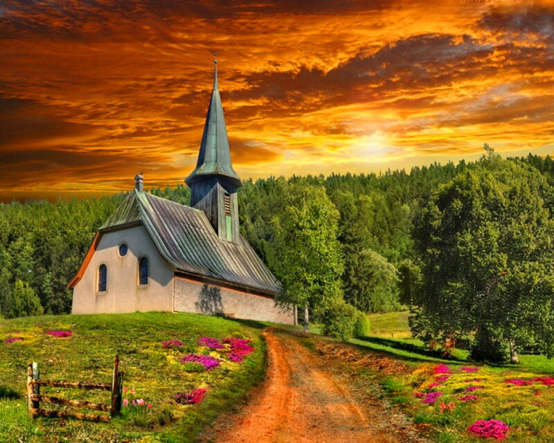 Small Church on Hill — Orange, Serene, Sunset