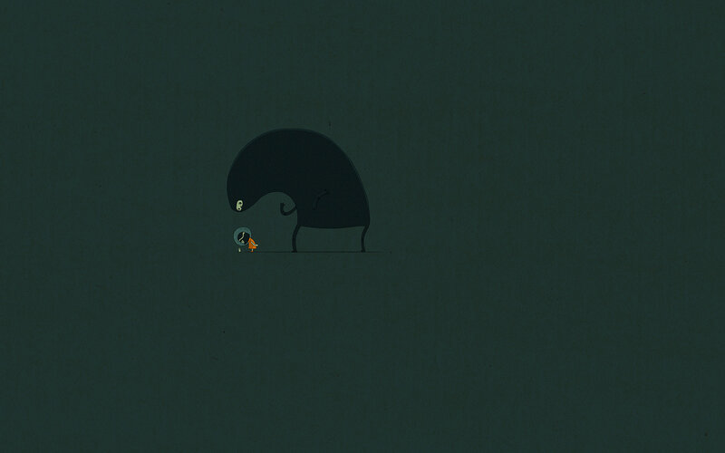 Small figure with giant creature