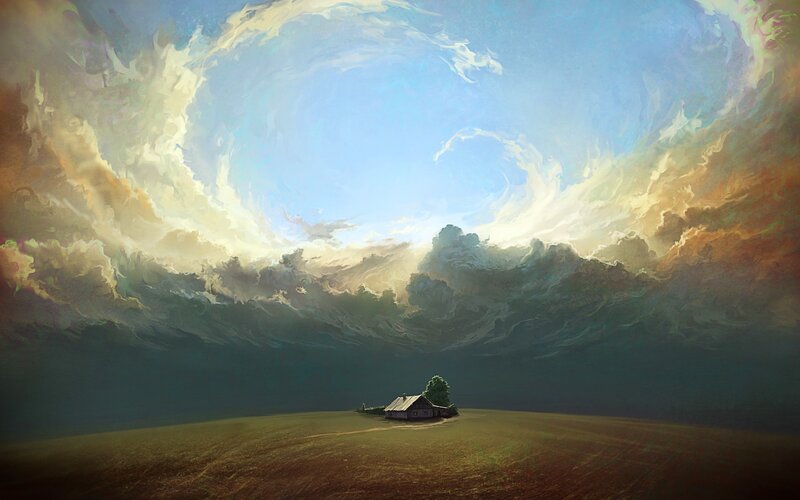 Small House in Field — Blue, Dramatic, Digital Art