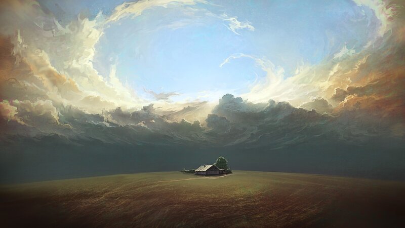 Small House in Field — Blue, Dramatic