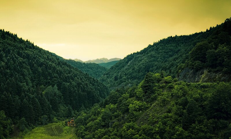 Small House in Valley — Green, Serene, Sunset