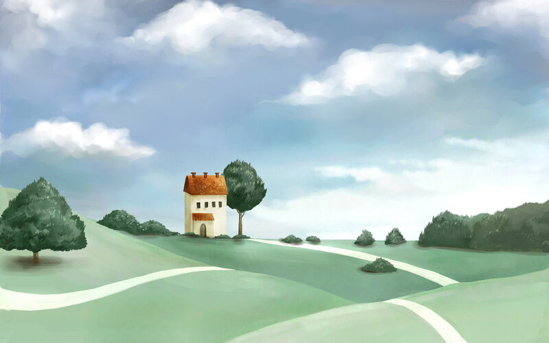 Small House on Hill — Green, Serene, Afternoon