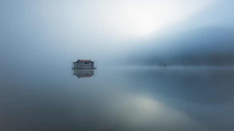Small House on Lake — Blue, Serene