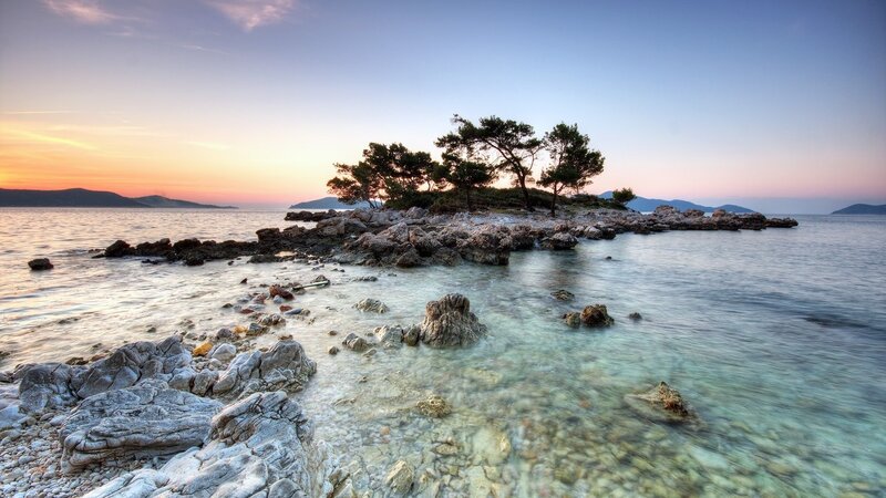 Small Island with Trees — Blue, Serene, Sunset