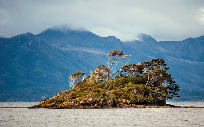 Small Island with Trees — Green, Serene, Photograph, Mountains