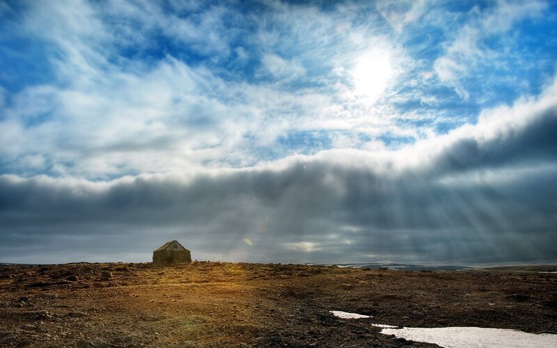 Small Stone Hut — Blue, Dramatic, Afternoon