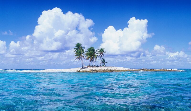 Small Tropical Island — Blue, Serene, Afternoon, Photograph, Palm Trees, Ocean