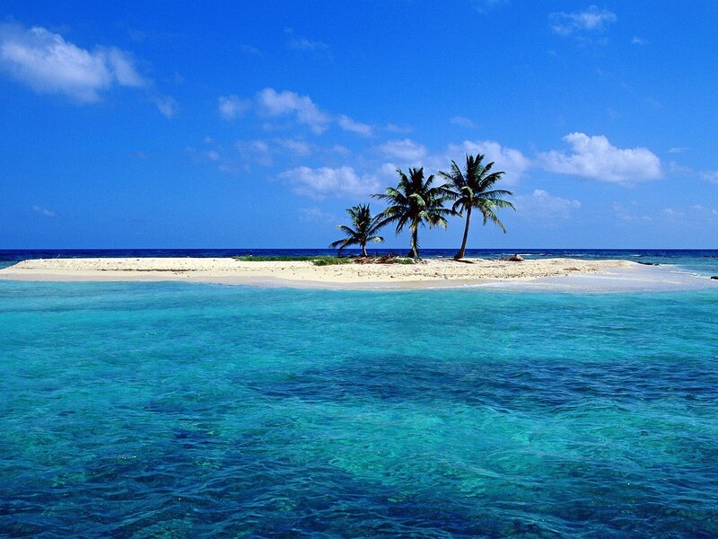 Small Tropical Island — Blue, Serene, Afternoon, Photograph, Palm Trees, Sand, Ocean, Green