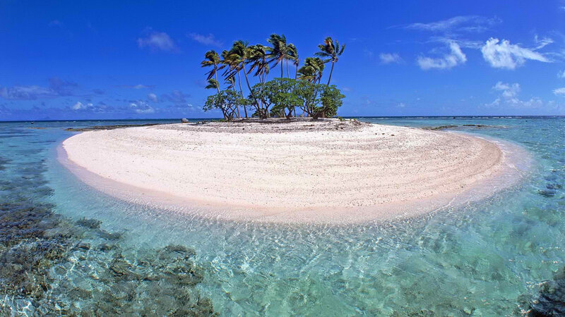 Small Tropical Island — Blue, Serene, Afternoon, Photograph, Palm Trees, Sand