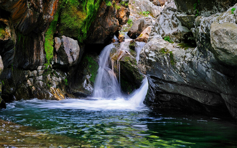 Small Waterfall in Canyon — Green, Serene, Afternoon, Photograph, Rocks