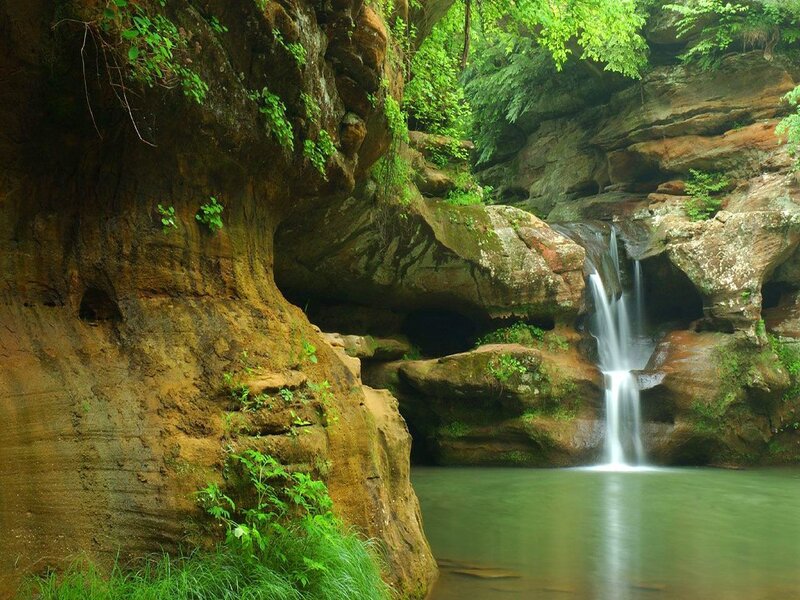 Small Waterfall in Canyon — Green, Serene, Afternoon, Photograph, Trees, Pool, Brown