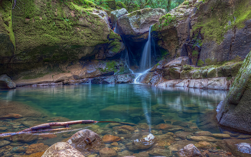 Small Waterfall in Canyon — Green, Serene, Photograph, Moss