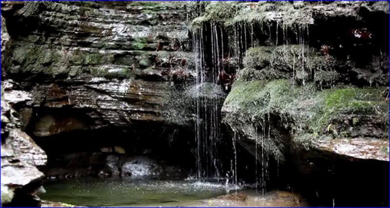 Small Waterfall in Cave — Green, Serene, Photograph