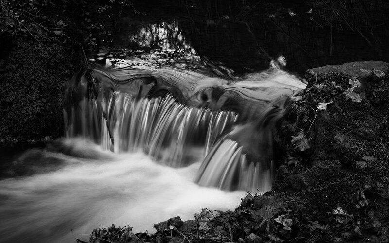 Small Waterfall in Forest — Black