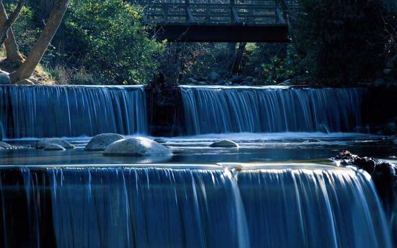 Small Waterfall in Forest — Blue, Serene, Afternoon, Photograph, Bridge