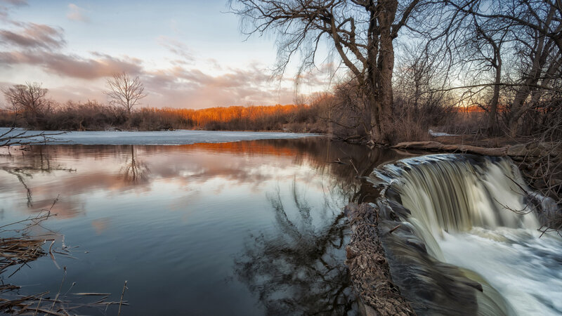 Small Waterfall in Forest — Blue, Serene, Sunset