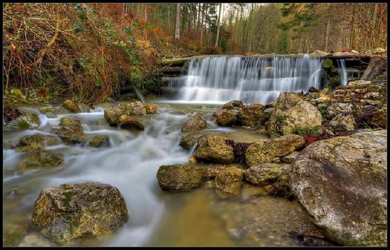 Small Waterfall in Forest — Brown, Serene, Autumn, Photograph
