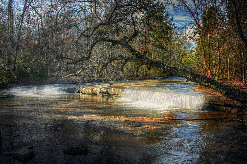 Small Waterfall in Forest — Brown, Serene, Autumn, Photograph, Trees