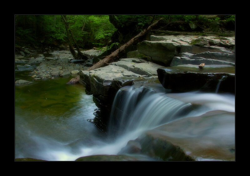 Small Waterfall in Forest — Green, Morning