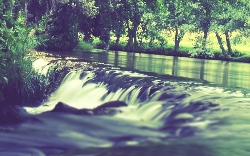 Small Waterfall in Forest — Green, River