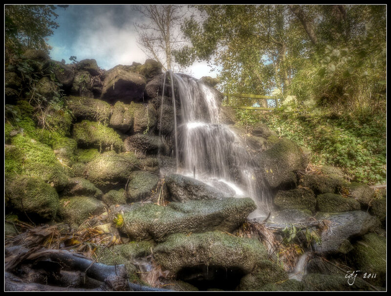 Small Waterfall in Forest — Green, Serene, Afternoon, Photograph, Rocks, Moss, Trees