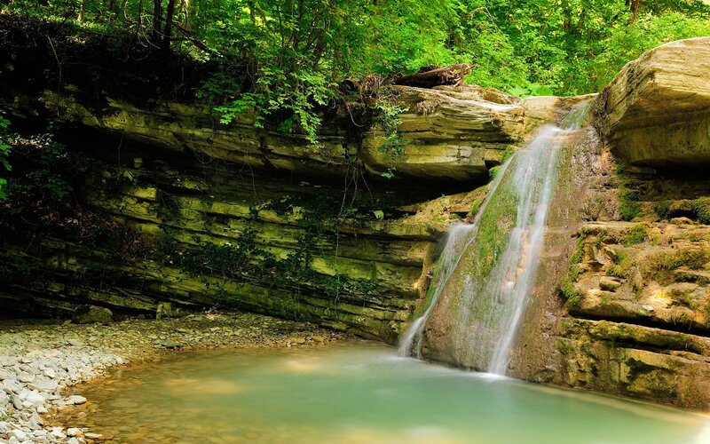 Small Waterfall in Forest — Green, Serene, Afternoon, Photograph, Rocks, Stream, Brown, Blue