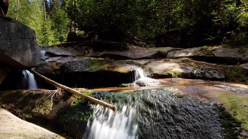 Small Waterfall in Forest — Green, Serene, Afternoon, Photograph, Rocks, Trees, Moss, Brown