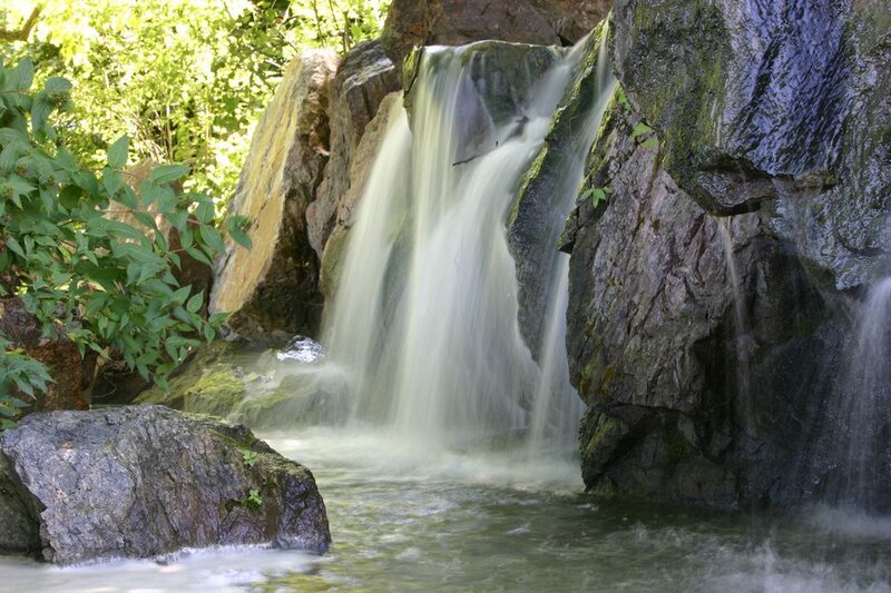 Small Waterfall in Forest — Green, Serene, Afternoon, Photograph, Rocks, Trees, Stream