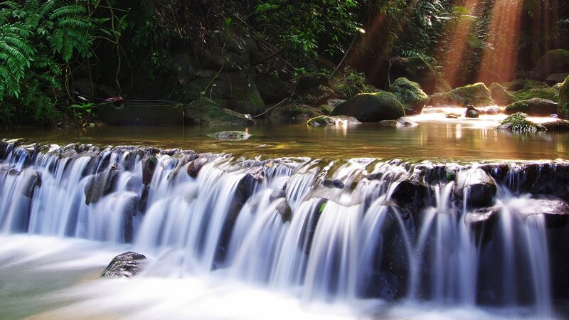 Small Waterfall in Forest — Green, Serene, Afternoon, Photograph, Stream, Rocks, Trees, Brown, Blue