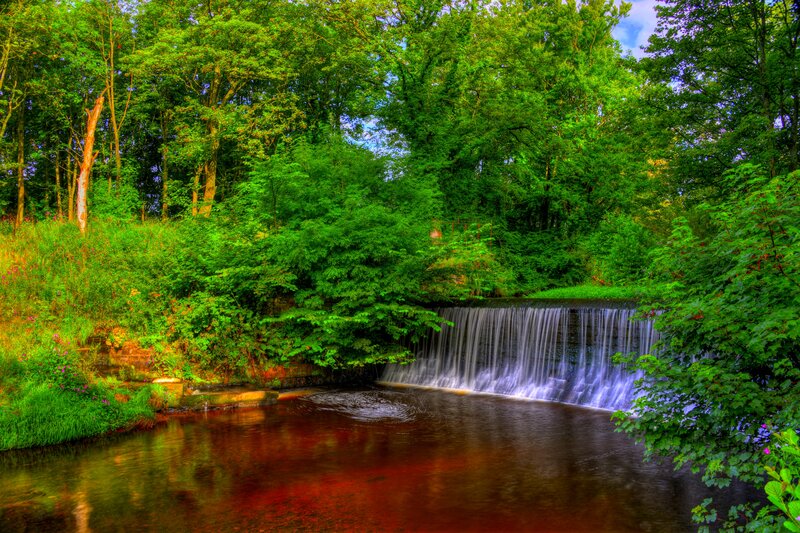 Small Waterfall in Forest — Green, Serene, Afternoon, Photograph, Trees, River, Stone Wall