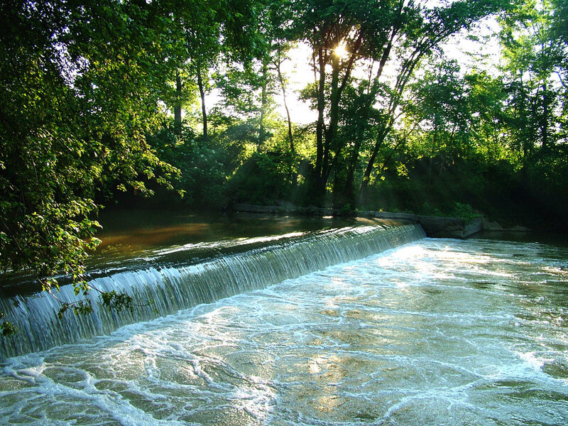 Small Waterfall in Forest — Green, Serene, Afternoon, Photograph, Trees, River, Sunlight