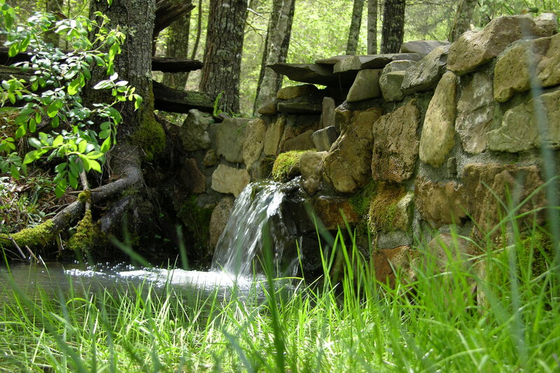 Small Waterfall in Forest — Green, Serene, Afternoon, Photograph, Trees, Stones