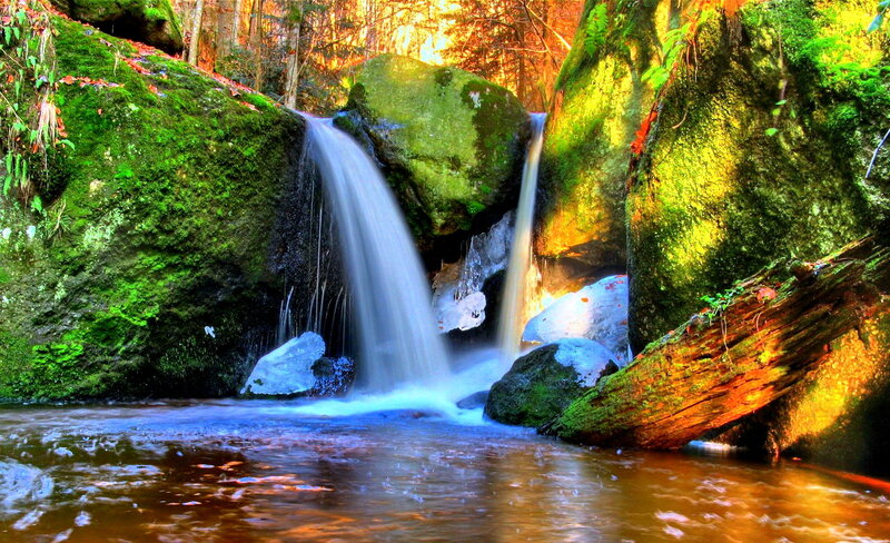 Small Waterfall in Forest — Green, Serene, Autumn, Photograph, Mossy Rocks