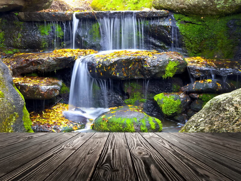 Small Waterfall in Forest — Green, Serene, Autumn, Photograph, Rocks, Moss, Wooden Deck