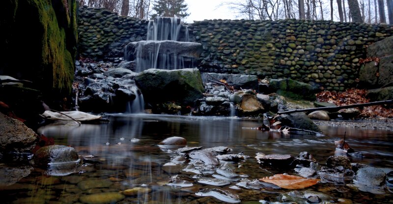 Small Waterfall in Forest — Green, Serene, Autumn, Photograph, Stream, Rocks, Trees