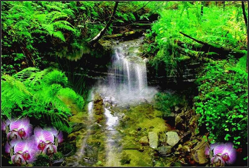 Small Waterfall in Forest — Green, Serene, Digital Art