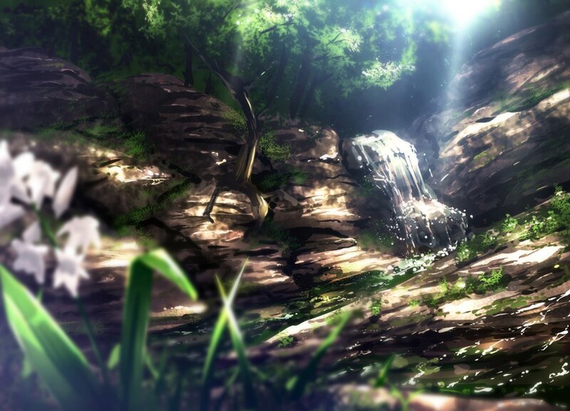 Small Waterfall in Forest — Green, Serene, Morning, Digital Art