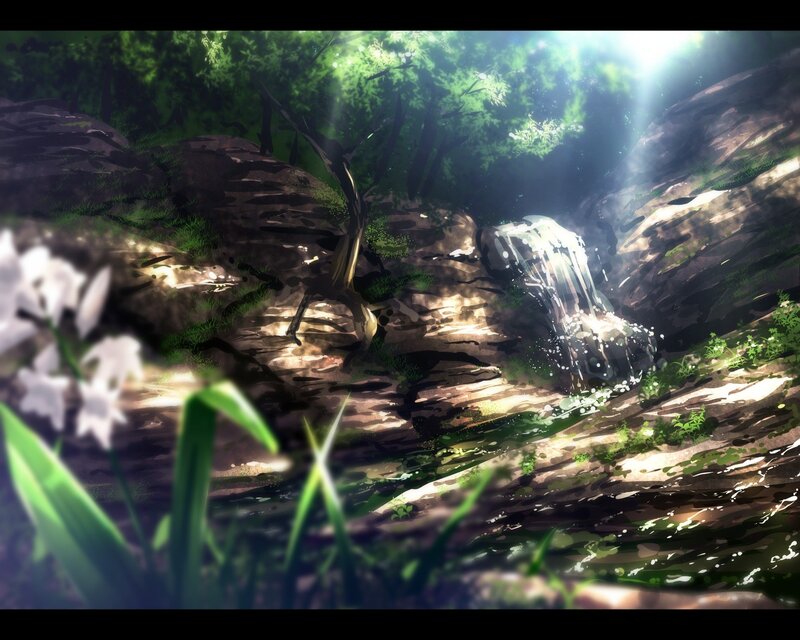 Small Waterfall in Forest — Green, Serene, Morning, Digital Art, Trees