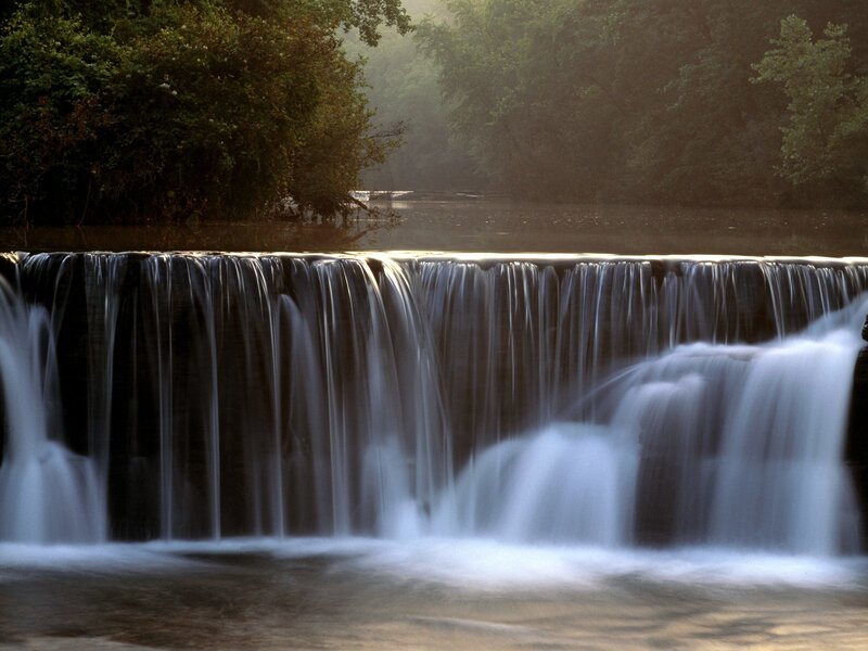 Small Waterfall in Forest — Green, Serene, Morning, Photograph, Trees, River, Mist, Brown